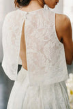 Two Piece Open Back Sweep Train Ivory Lace Wedding Dress with Pockets OKS33