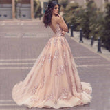 Charming Sweep Train Deep V Neck Pink Tulle Prom Dresses with Lace Appliques OKA18