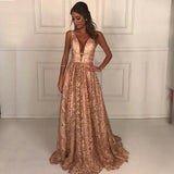 Fashion A-Line Deep V-Neck Floor-Length Lace Prom Dress with Beading OKK72