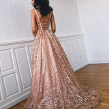 Fashion A-Line Deep V-Neck Floor-Length Lace Prom Dress with Beading OKK72