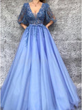 A-line V-Neck Half Sleeves Tulle Prom Dress with Appliques OKQ94