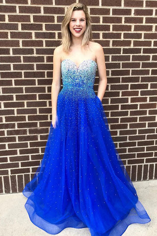 A-Line Sweetheart Floor-Length Royal Blue Prom Dress with Beads Pockets OKQ93