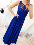 A-line Round Neck Floor-Length Royal Blue Prom Dress with Lace Pleats OKR4