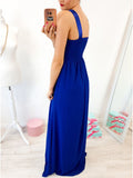 A-line Round Neck Floor-Length Royal Blue Prom Dress with Lace Pleats OKR4