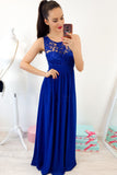 A-line Round Neck Floor-Length Royal Blue Prom Dress with Lace Pleats OKR4