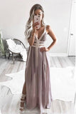 A-line Straps Floor-Length Chiffon Pleated Prom Dress with Split OKR1