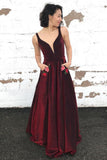 A-line V-Neck Long Burgundy Prom Dress with Pockets Floral Appliques OKQ90