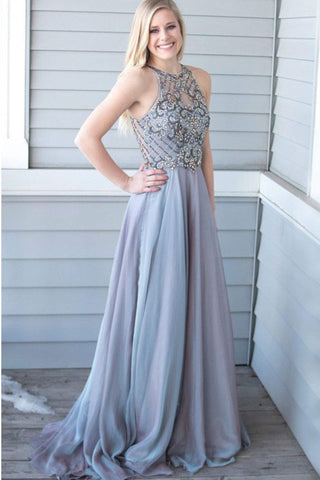 Charming A-Line Crew Sweep Train Grey Chiffon Prom Dresses with Beading OKL42