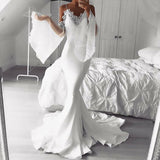 Mermaid Cold Shoulder Flare Sleeves White Prom Dresses with Lace OKK68