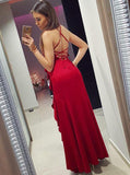 Mermaid Spaghetti Straps Red Satin Prom Dress with Ruffles OKG99