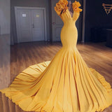 Charming Mermaid V-Neck Sleeveless Yellow Long Prom Dresses with Ruffles OKH3