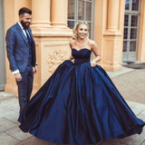 Pretty Ball Gown Sweetheart Sleeveless Dark Blue Long Prom Dress OKH11