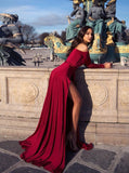 A-Line Off-the-Shoulder Long Sleeves Burgundy Elegant Prom Dresses with Split OKL66