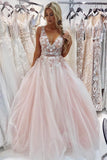 Charming A-Line V-Neck Floor-Length Pink Tulle Prom Dresses with Appliques Beading PW533