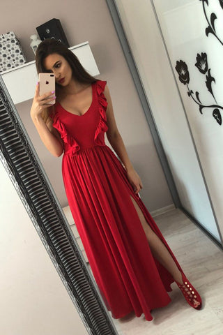 A-Line V-Neck Floor-Length Red Prom Dresses with Split Ruffles OKL84