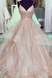 A Line Rose Gold Ruffled Long Prom Dress with Pleated Bodice OK1157