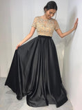 Two Piece Crew Short Sleeves Floor-Length Black Prom Dresses with Beading OKL89