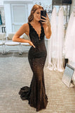 Elegant Glitter Rhinestone Mermaid Black V Neck Lace Long Prom Dress OK1936