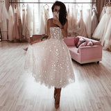 A Line Spaghetti Straps Tea Length Pearl Pink Prom Wedding Dresses With Stars OKK73