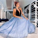 A Line Deep V-Neck Floor Length Sky Blue Prom Dresses With Sequined OKQ58