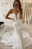 Spaghetti Straps Deep V Neck Mermaid Lace Applique Wedding Dress Long Bridal Dress OK1198