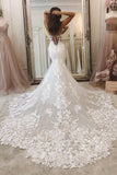 Spaghetti Straps Deep V Neck Mermaid Lace Applique Wedding Dress Long Bridal Dress OK1198