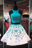Cute A-Line Two Piece Turquoise Short Homecoming Dresses with Beading OKD41