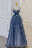 A Line Blue Tulle Long Prom Dress Spaghetti Straps Evening Party Dress OK1170/OK1932