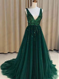 Sexy V-nevk V-back Green Tulle Evening Dresses,Cheap Long A Line Prom Dress OKI54