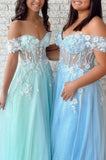 Mint Green Tulle Applique Long Prom Dress Off the Shoulder A line Evening Dress OK1275