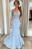 Light Blue Lace Long Prom Dress Mermaid Spaghetti Straps Evening Dress OK1378