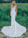 Mermaid V Neck Backless White Lace Long Wedding Dress,Beach Boho Wedding Dresses OKF76