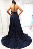 Elegant A Line Halter Navy Blue Long Backless Lace Prom Dress with Slit OK1037