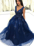 Charming V Neck Navy Blue Lace Appliques Long Prom Dress, Elegant Evening Dresses OKG7