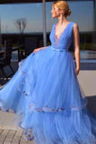 Sky Blue A Line Tulle V Neck Prom Dress Pageant Dress With Appliques OK1179