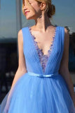 Sky Blue A Line Tulle V Neck Prom Dress Pageant Dress With Appliques OK1179