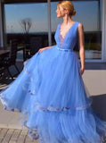 Sky Blue A Line Tulle V Neck Prom Dress Pageant Dress With Appliques OK1179