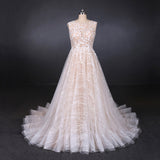 A Line Lace Sleeveless Elegant Wedding Dresses, Backless Long Bridal Dresses OKQ27