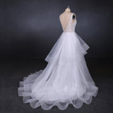 A Line V Neck Layered Backless Wedding Dresses, Long Bridal Gown OKQ23