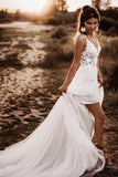 Ivory V Neck Tulle Backless Bridal Dress A Line Wedding Dress With Lace Appliques OK1092