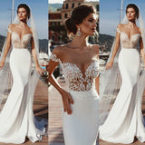 Fashion Mermaid Cap Sleeves Sheer Neck Long Wedding Dress OKP71