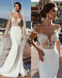 Fashion Mermaid Cap Sleeves Sheer Neck Long Wedding Dress OKP71