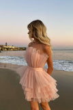 Pink Strapless Tiered Cake Homecoming Dresses With Layers Short Party Gown OK1450
