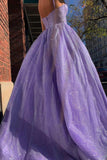 Sparkly Lilac A Line Prom Dress Spaghetti Straps Sequin Evening Dress OK1352