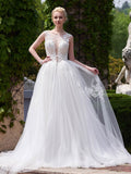 Designer White A-line Scoop Neck Tulle Court Train Appliques Lace Backless Wedding Dress OK231