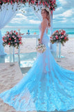 Mermaid Spaghetti Strap White Tulle Appliqued Wedding Dress with Long Train OK1566