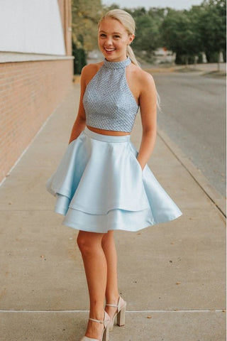 2 Piece High Neck Pockets Satin Short Light Blue Beaded Homecoming Dress OKD31