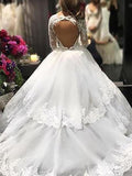 Luxurious Lace Long Sleeves V-neck Layers  Ball Gowns Wedding Dresses OKH79