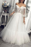 Off the Shoulder Long Sleeves Appliques Tulle A Line Prom Dress OKQ1