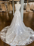 Unique V Neck Tulle Lace Spaghetti Straps Long Wedding Dress With Appliques OK1161